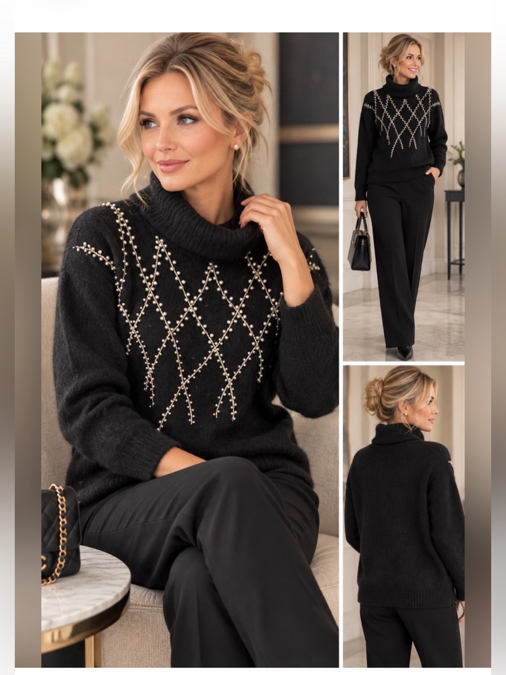 Vintage Women's Black Pearl-Embellished Turtleneck Sweater